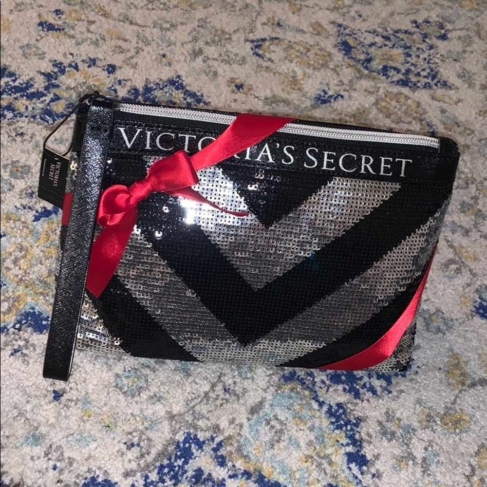 Victoria secret silver&black sequin pouch/wristlet